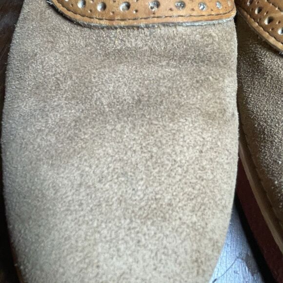Quoddy Men’s 9 Tan Suede Saddle Shoes USA Made Handsewn Leather Sole Vintage - Picture 13 of 16